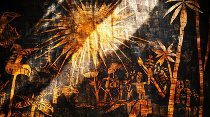Egyptian style artwork depicting figures palm trees and a radiant sun.