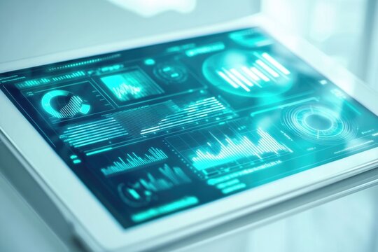 A tablet displays a futuristic dashboard with various teal-colored graphs and charts, visualizing data analysis.
