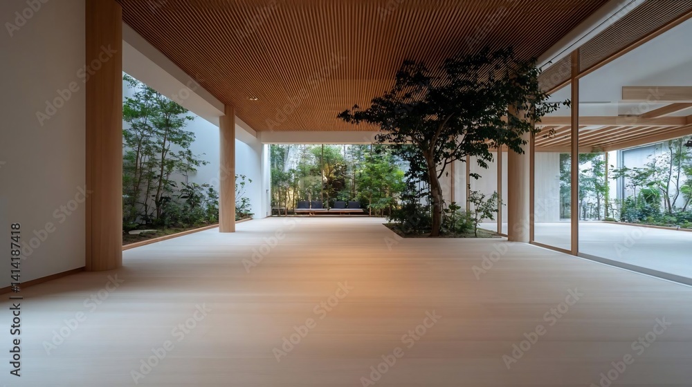 Poster Interior view featuring a light-colored wooden floor and ceiling with an intricate pattern a central tree and vibrant green foliage creating a serene atmosphere