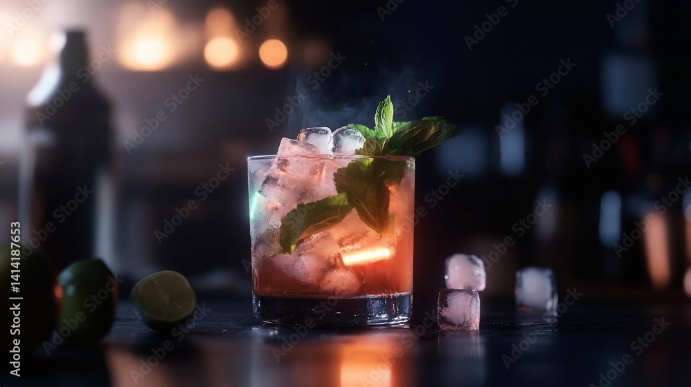 Aufkleber close-up of a vibrant cocktail with ice cubes and mint garnish on a bar counter in a dimly lit setti