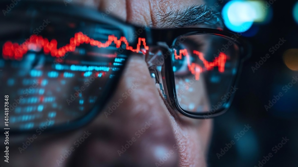 Poster close-up view of a person's eyes reflected in glasses with red and blue data visualizations possibly