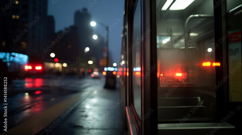 Poster wet city street view through a bus window at dusk featuring blurry lights and reflections with a moo