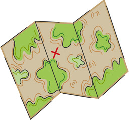 Treasure map in hand drawn, doodle style. Suitable for adventure games, kids books, pirate themes. Folded paper map with green land shapes and red X on white background.