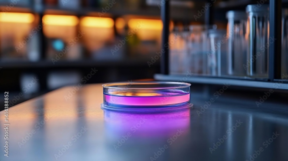 Poster close-up of a petri dish with a pink and purple liquid on a metallic table in a laboratory setting. 