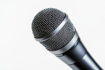 Close-up of a black microphone's metallic mesh head, isolated on a white background.