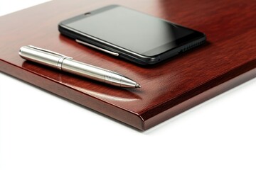 A sleek silver pen and a modern smartphone rest on a polished mahogany surface.