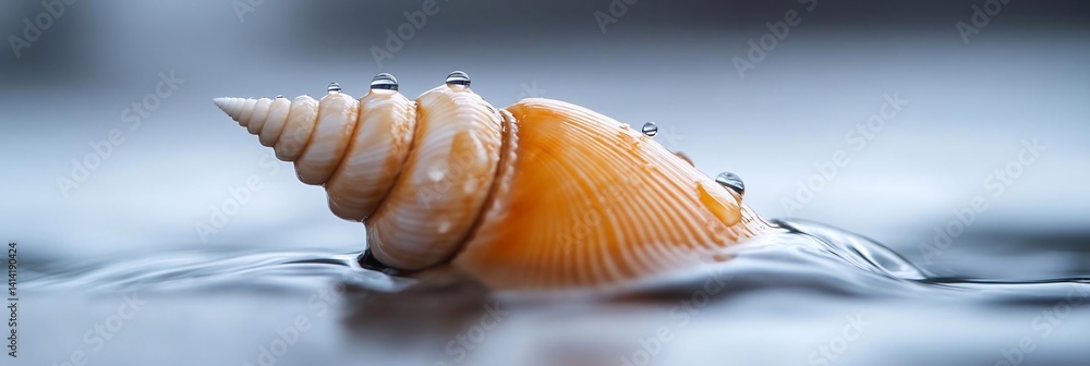 Aufkleber Close-up of a seashell with water droplets resting on a calm, blurred water surface creating a tranquil and natural scene. The shell displays warm orange and creamy white hues