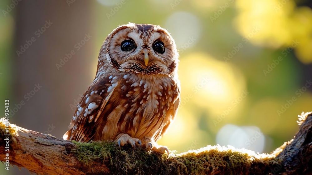 Poster a detailed portrait of a bird perched on a moss-covered branch with a blurred forest background and 