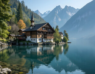 Fototapeta premium Lake House Reflecting in Calm Water with Mountain Backdrop
