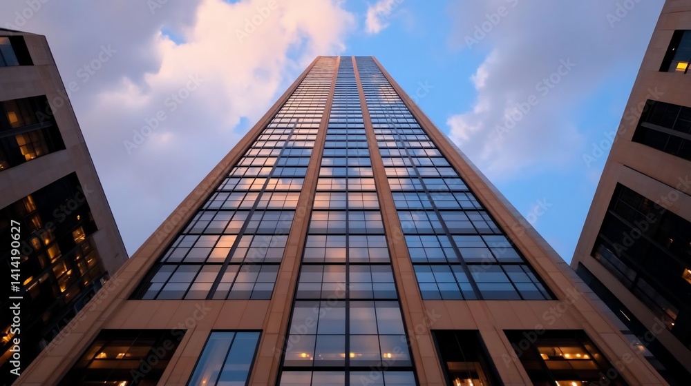 Aufkleber Low angle view of a modern skyscraper reaching towards a cloudy sky reflecting warm sunset hues. Flanked by adjacent buildings with illuminated windows