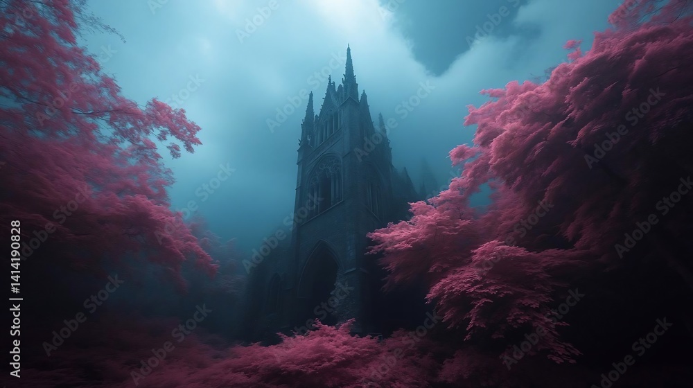 Poster mysterious gothic structure surrounded by vibrant pink foliage under a moody sky. evokes a sense of 