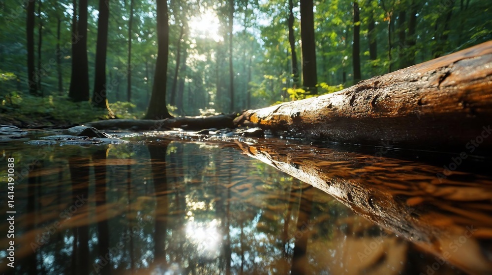 Poster lush forest scene with sunlight filtering through the trees reflections in the water and a fallen lo