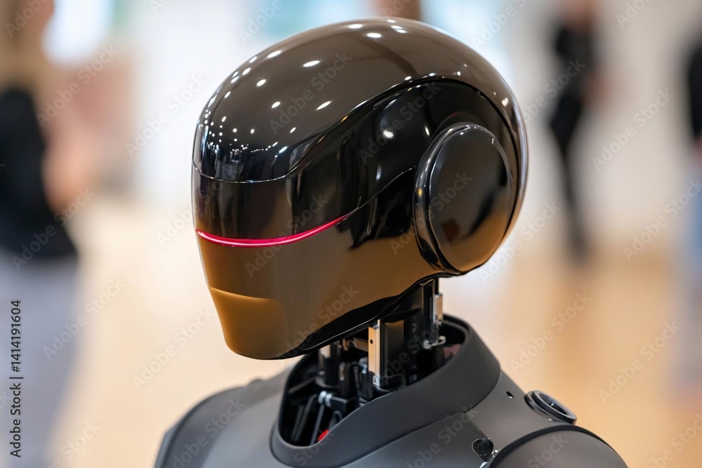 Aufkleber close-up shot of a futuristic robot head with a glossy black finish a red line and a gold visor. the