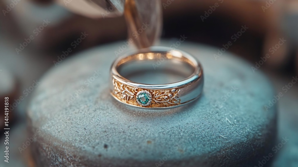 Aufkleber Close-up of a detailed ring resting on a textured surface featuring a small gemstone in the center. The ring's golden hue contrasts with the silver and textured background creating a sense of