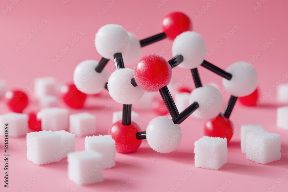 Poster a close up view of a sugar molecule model with sugar cubes scattered on a pink colored background su