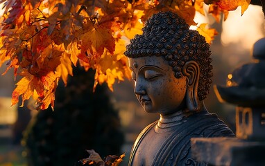Serene Buddha statue, autumn leaves backdrop