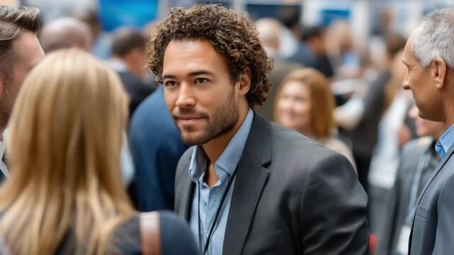 Focus and Connection: A striking portrait of a professional gentleman engaging with others in a dynamic social environment, radiating focused attention and interpersonal connection.