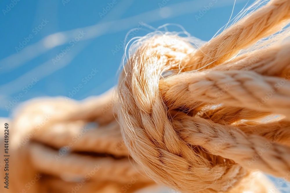 Poster Close-up view of knotted string against a bright blue sky showing texture and detail with a shallow depth of field