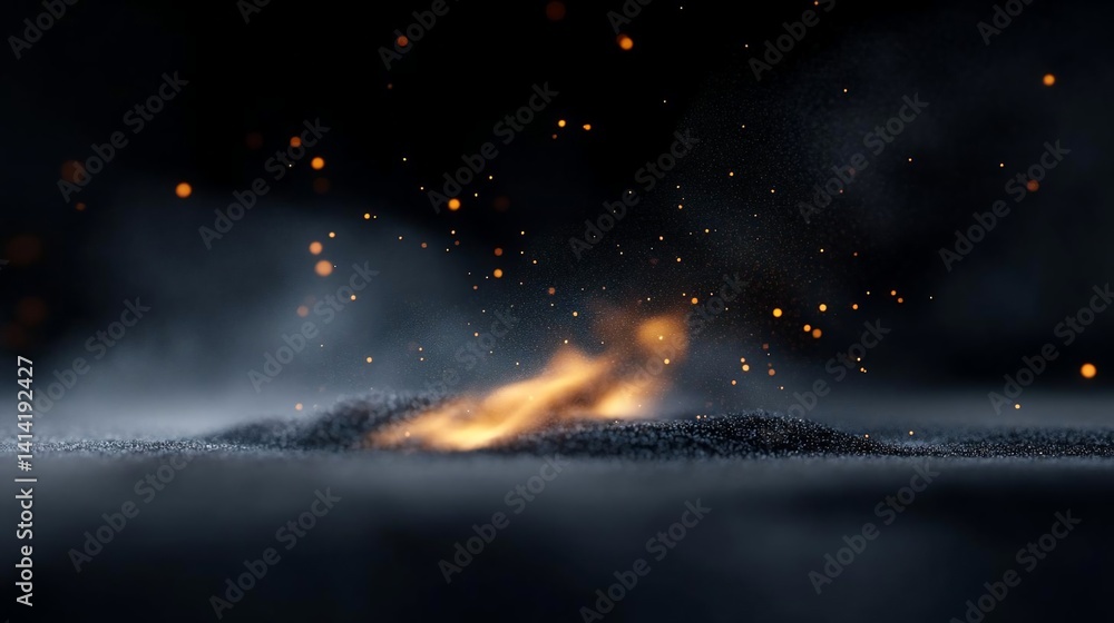 Aufkleber dramatic image features a burst of fiery particles amidst a smoky atmosphere above a dark textured s