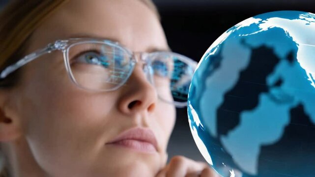 Global Vision: An intellectual gaze meets the world, a woman studies the planet with a thoughtful, inquisitive expression, embodying exploration, analysis, and global awareness.