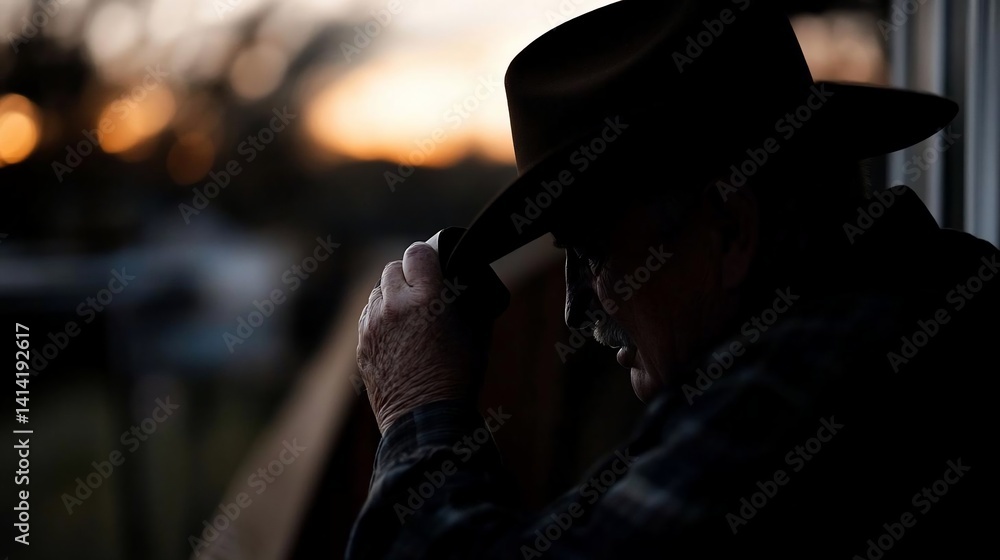 Poster silhouette of an elderly person wearing a hat outdoors at dusk hands near the face. the soft lightin