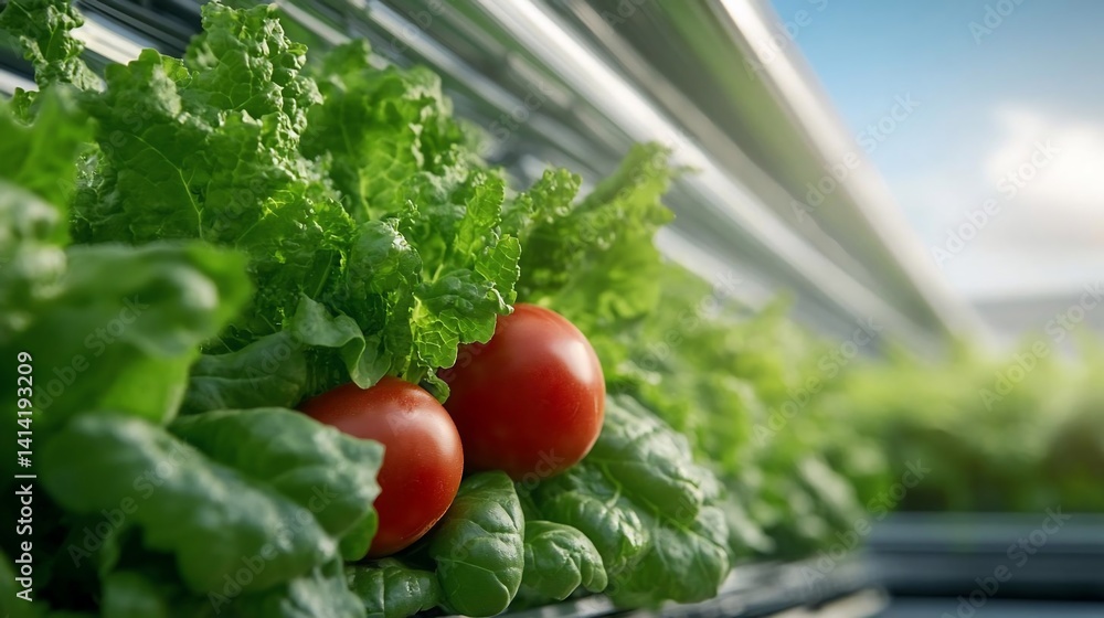 Poster close-up view of vibrant green lettuce and red tomatoes arranged in neat rows under bright artificia
