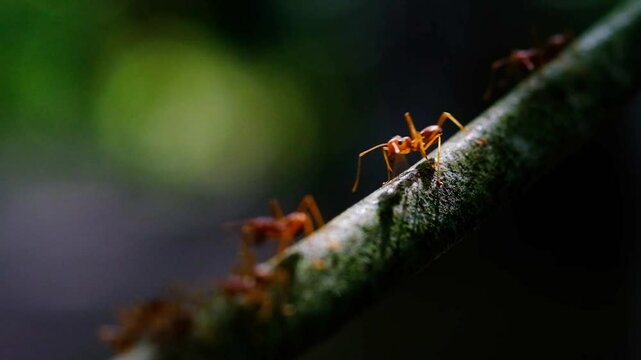 Wild red ants colony run along a tree branch in tropical rainforest. Extreme close up macro shot of insect teamwork in the morning jungle on deep green background.