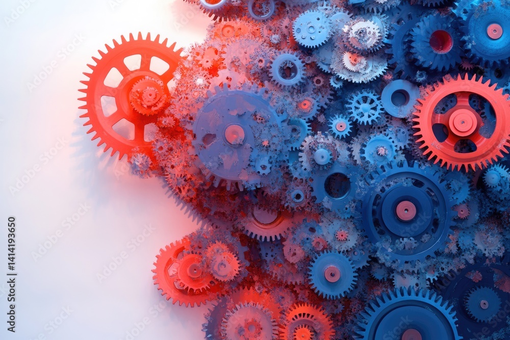Poster intricate network of interconnected gears, red and blue, illustrating complex machinery and processe