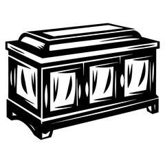Black and white illustration of an antique wooden chest or trunk