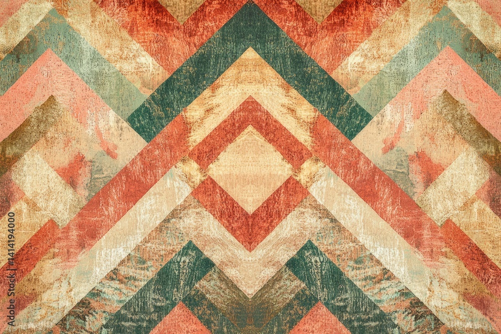 Poster abstract geometric pattern with chevron shapes in muted earth tones and textured effect.