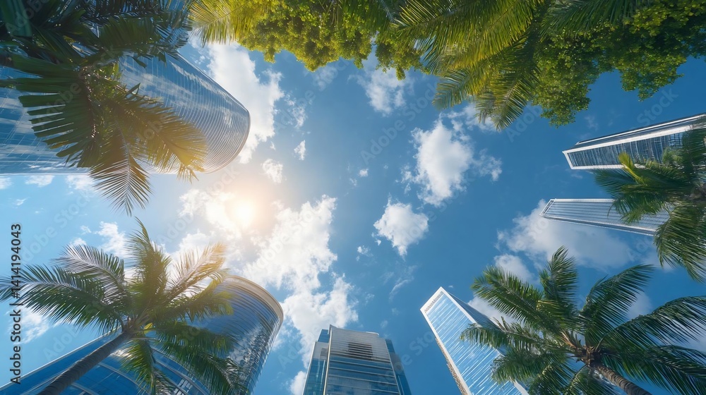 Poster Low angle view of modern structures surrounded by lush green trees under a bright blue sky with fluffy white clouds and sun glare. The cityscape merges with nature creating a harmonious scene