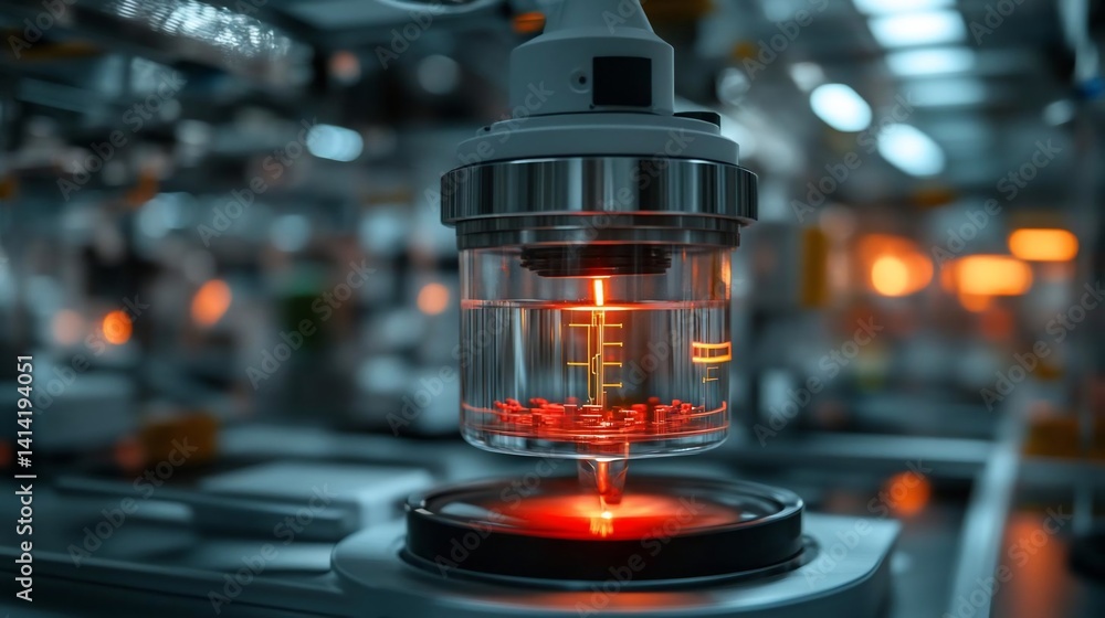 Aufkleber Close-up view of laboratory equipment with a glowing red light in the center. The machine has a glass container filled with a liquid and some red objects. The background shows an out-of-focus