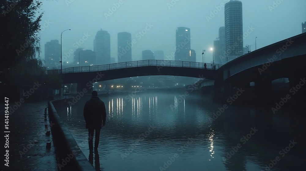 Poster a lone figure walks along a waterfront on a moody day. city buildings and a bridge create a somber b