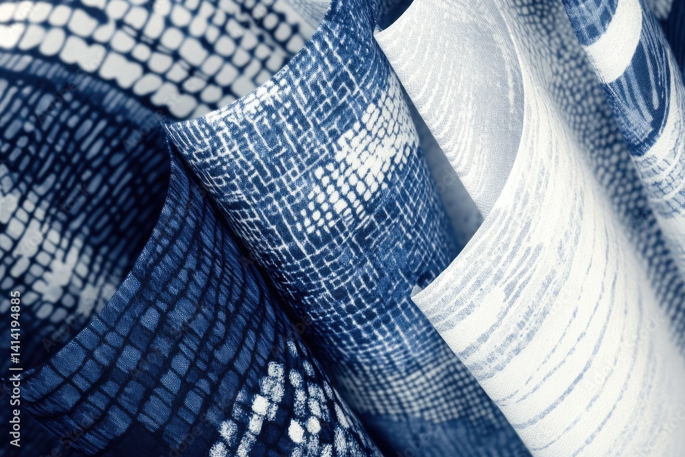 Poster close-up of elegant blue and white patterned fabric with textured surface, showcasing intricate desi