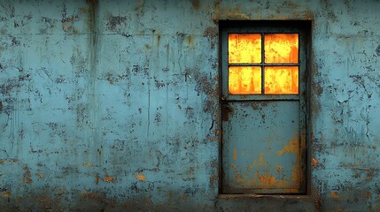 Rusty door on a weathered wall, lit from within
