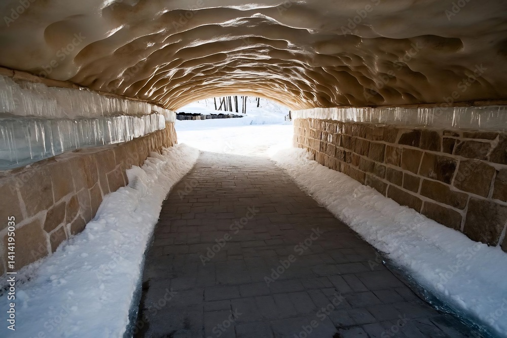 Leinwandbilder stone tunnel in the winter with ice formations brick walls path and bright light at the end creating