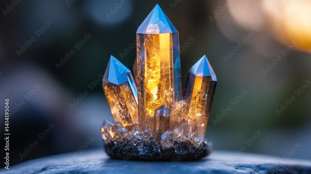 Aufkleber Illuminated quartz crystals on a blurred natural background. Focused on the sharp details of the crystal formation with soft light emphasizing texture and depth