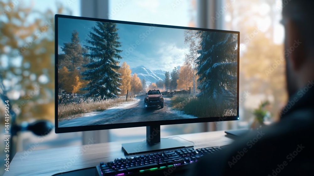 Poster Rear view of a man watching a video game on a monitor with a snowy mountain road scene featuring trees and a vehicle a keyboard and mouse are visible on a desk