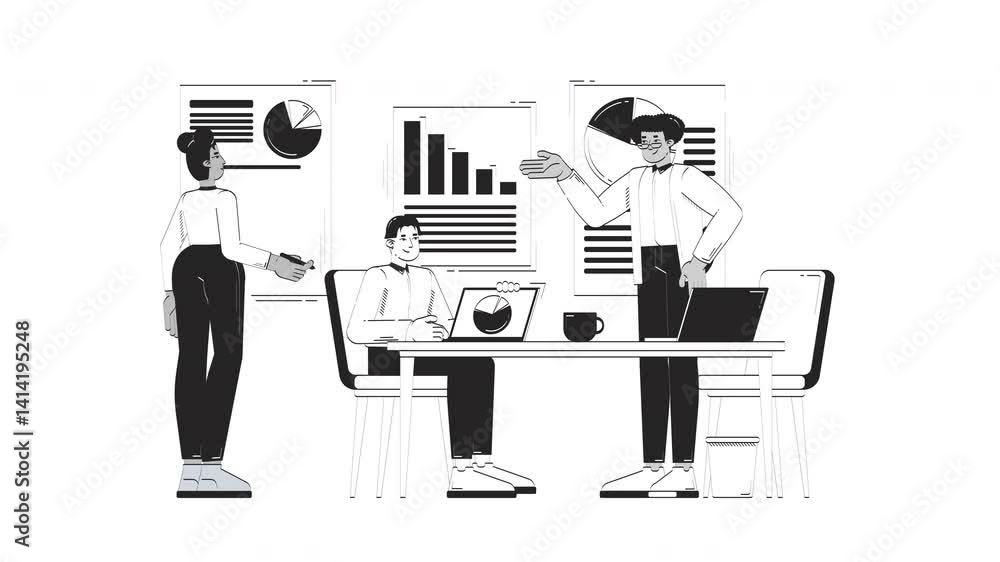 Aufkleber diverse team analyzing business charts in office doodle linear animation. collaborative strategy. an