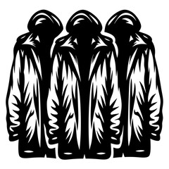 Stylized image of three hooded coats in black and white silhouette
