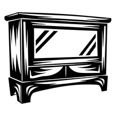 Monochrome drawing of an old fashioned cabinet with an empty display area