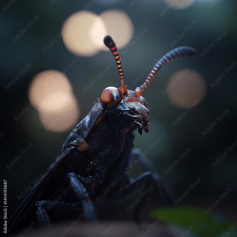 Poster close-up view of a black insect with orange antennae and iridescent eyes set against a blurry bokeh 