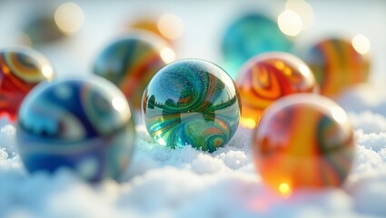 Colorful marbles resting on a snowy surface, creating a vibrant contrast with the winter backdrop.