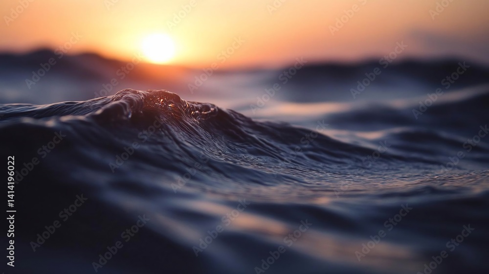 Poster Close-up view of ocean waves illuminated by the setting sun creating a serene and tranquil atmosphere. The image captures the textures and reflections of the water