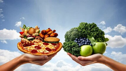 Two hands holding food, one side filled with fast food and the other with healthy food, representing dietary choices, organic food, good food, and a healthy diet