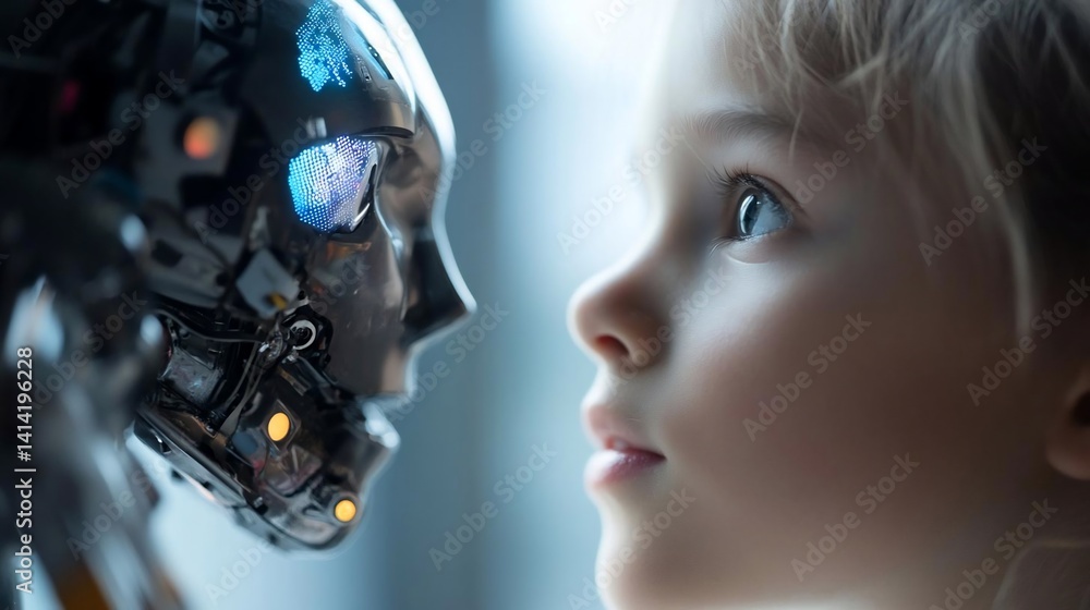Leinwandbilder a young child gazes intently at a detailed metallic robot face lit with glowing blue lights. the foc