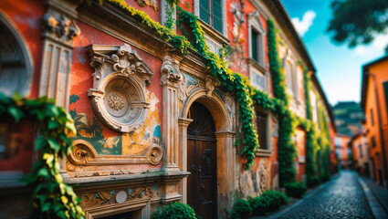 Fototapeta premium A beautifully aged Italian building with green vines climbing across its detailed facade.