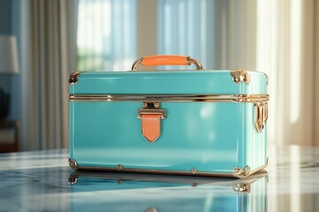 Elegant teal vanity case with gold accents and orange leather handle, reflecting luxury and style.