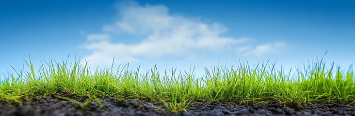 Fototapeta premium Green grass field with blue sky background, sharp focus and natural depth of field, high-resolution outdoor banner