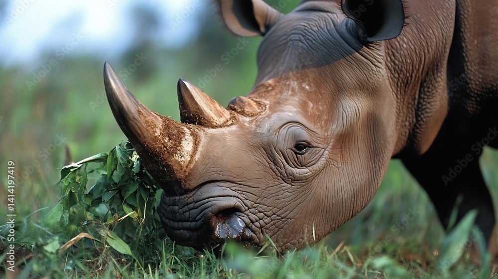 Poster close-up of an animal grazing on vegetation in a natural habitat. the animal has a textured hide and